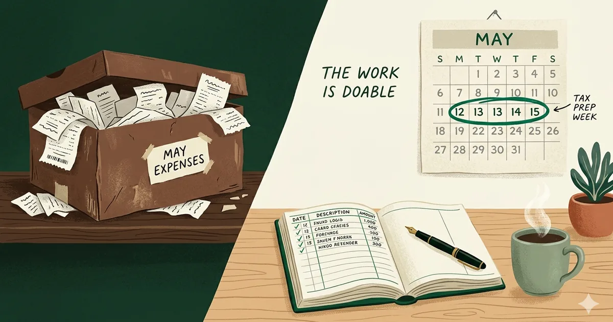 Editorial illustration split into two scenes — left, an open cardboard box labeled 'MAY EXPENSES' overflowing with crumpled receipts on a wooden surface; right, a wall calendar with the second week of May circled in emerald and labeled 'TAX PREP WEEK', a clean ledger with pen and a coffee mug below, and the caption 'THE WORK IS DOABLE'.