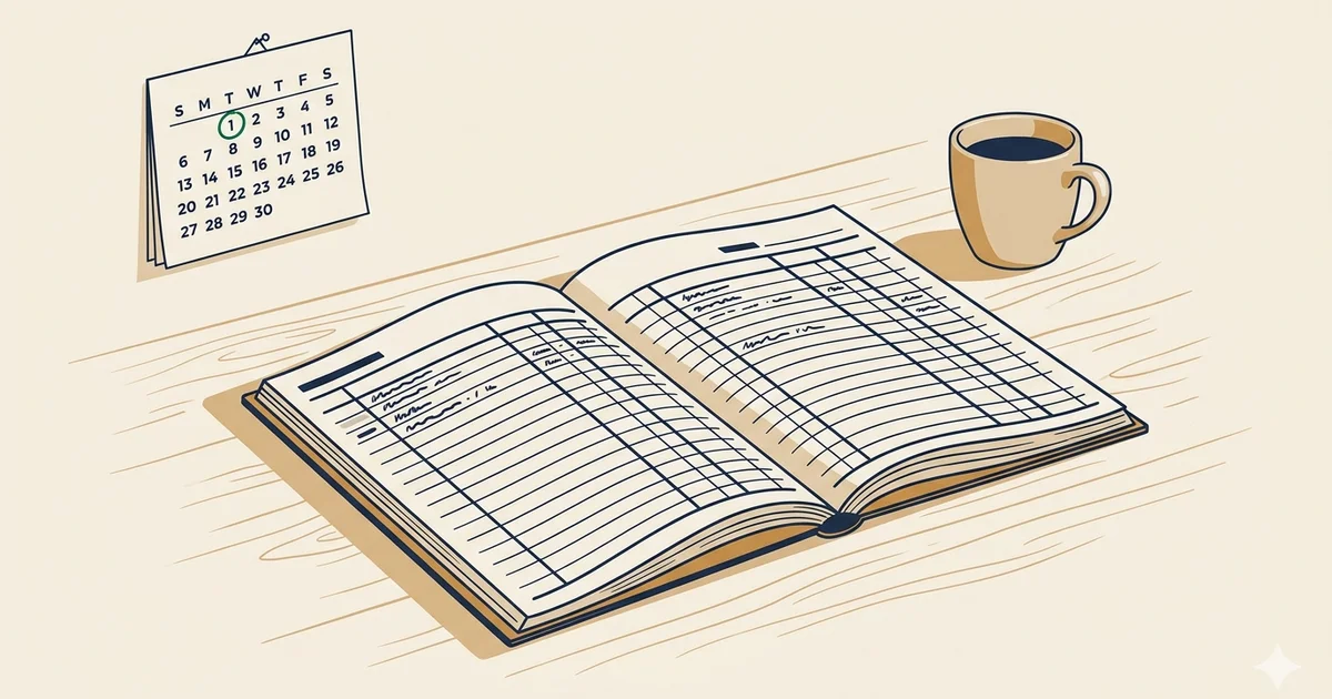 An open paper ledger beside a coffee cup and a small wall calendar with a date circled in green; ivory background, mid-century editorial illustration.