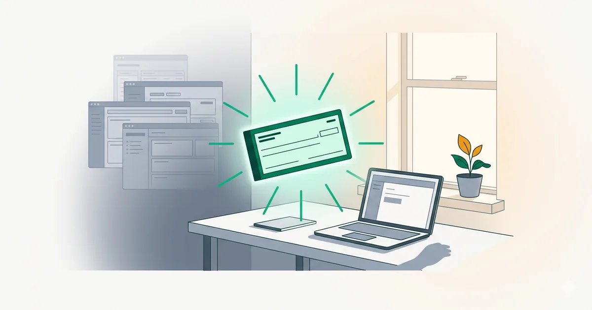 A cozy stylized home workspace by a window, a simple clean ledger floats above the desk in glowing emerald, while a faded, cluttered QuickBooks-style dashboard recedes into the corner, representing home-based businesses moving past QuickBooks complexity